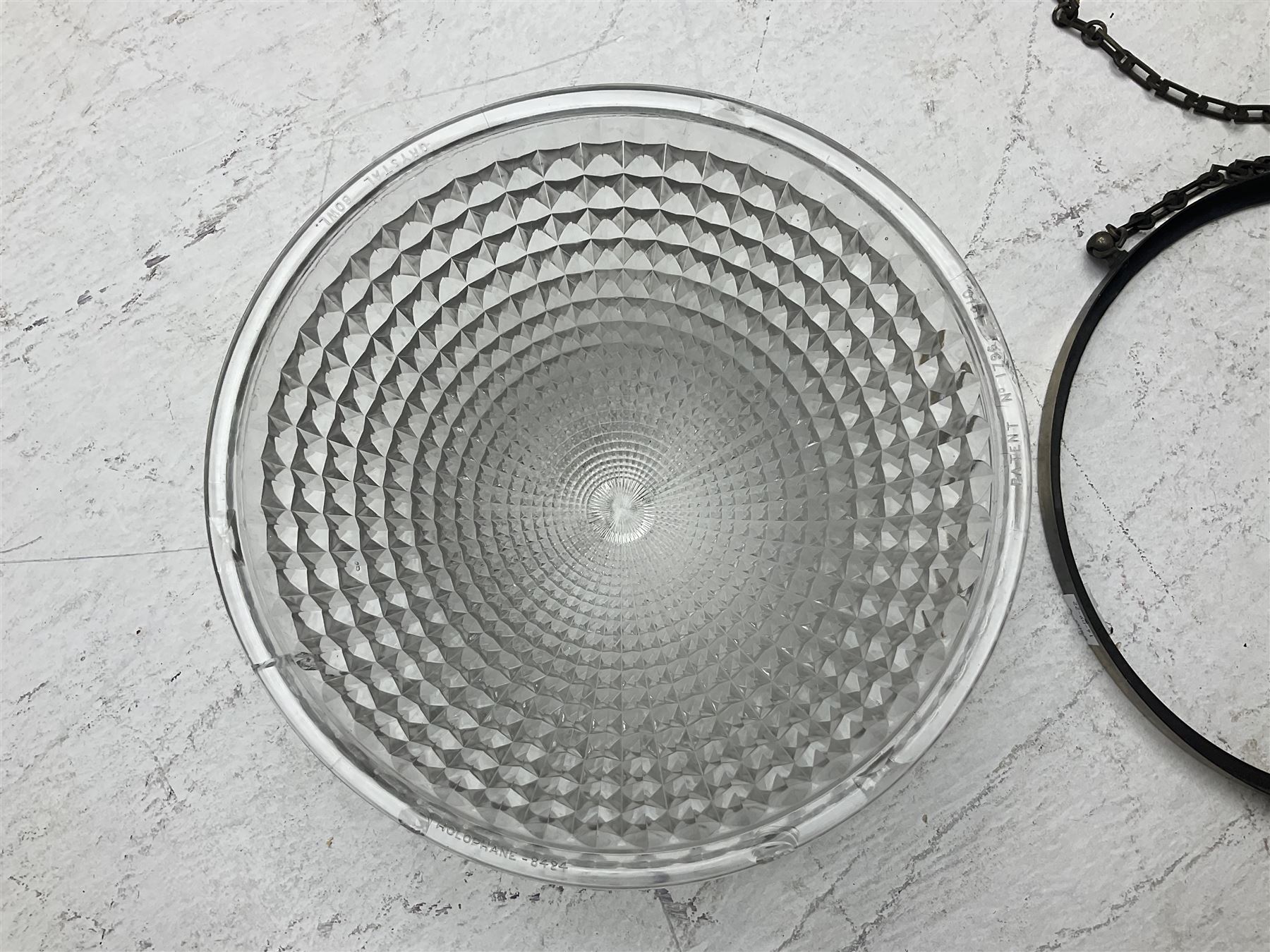 Edwardian glass holophane ceiling light, the domed bowl shade suspended in circular brass frame by three chains, stamped Crystal Bowl Holophane 8424, patent no 1796, 1910 on the inside rim, D35cm