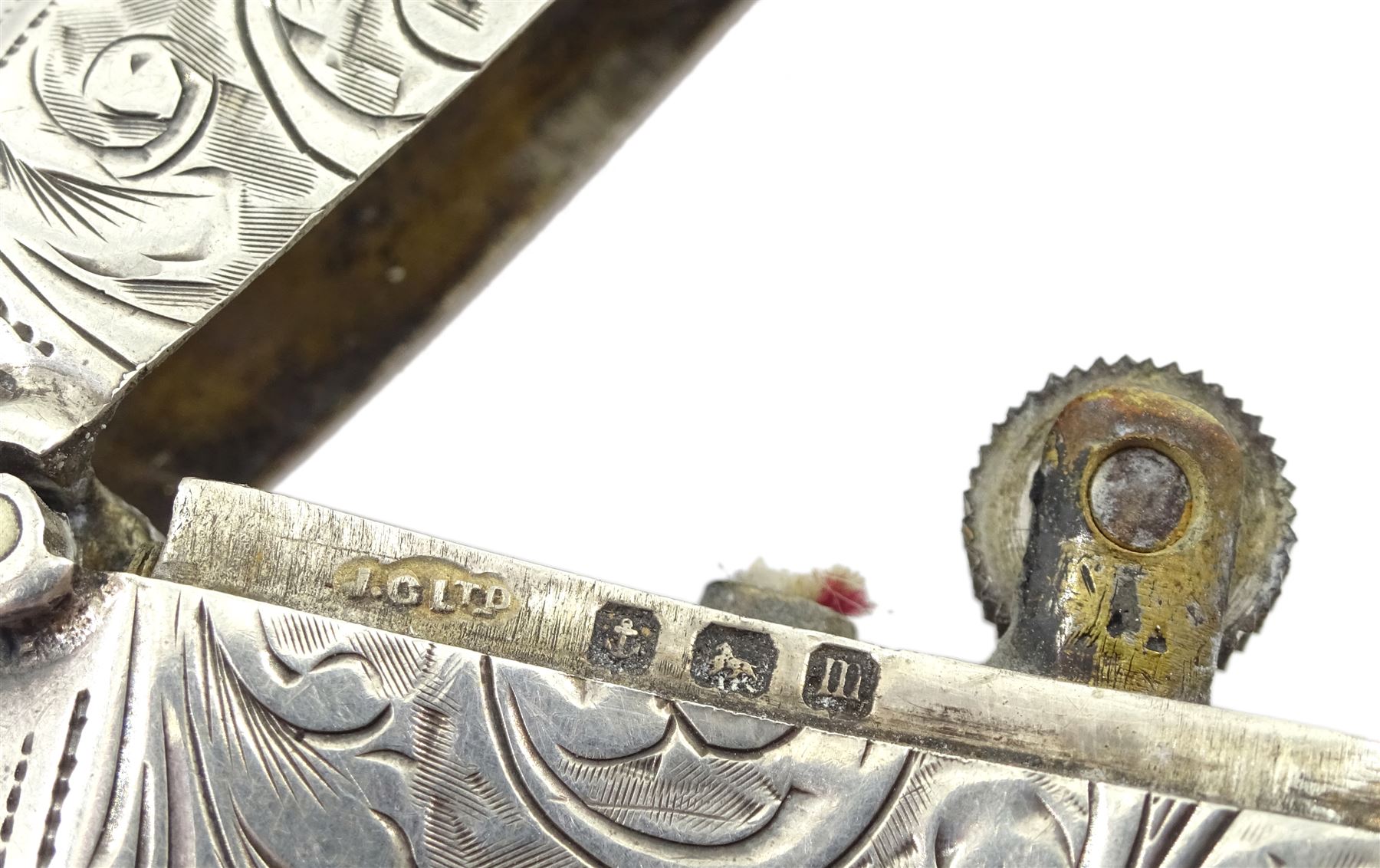 Silver open face keyless lever pocket watch by Toll & Courtis Cape Town, Chester 1900, with tapering silver Albert chain with t-bar and clip, by Joseph Sewill, Birmingham 1895 and silver lighter by Joseph Gloster Ltd, Birmingham 1911