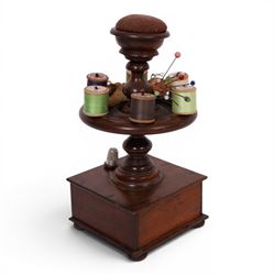 Victorian mahogany bobbin stand, together with pin wheel pin cushion, hat pins other sewing related items, stand H32cm