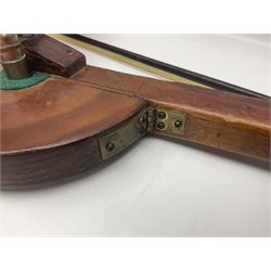Fruitwood and elm single string phono fiddle with long neck and copper horn L76cm; and a violin bow (2)