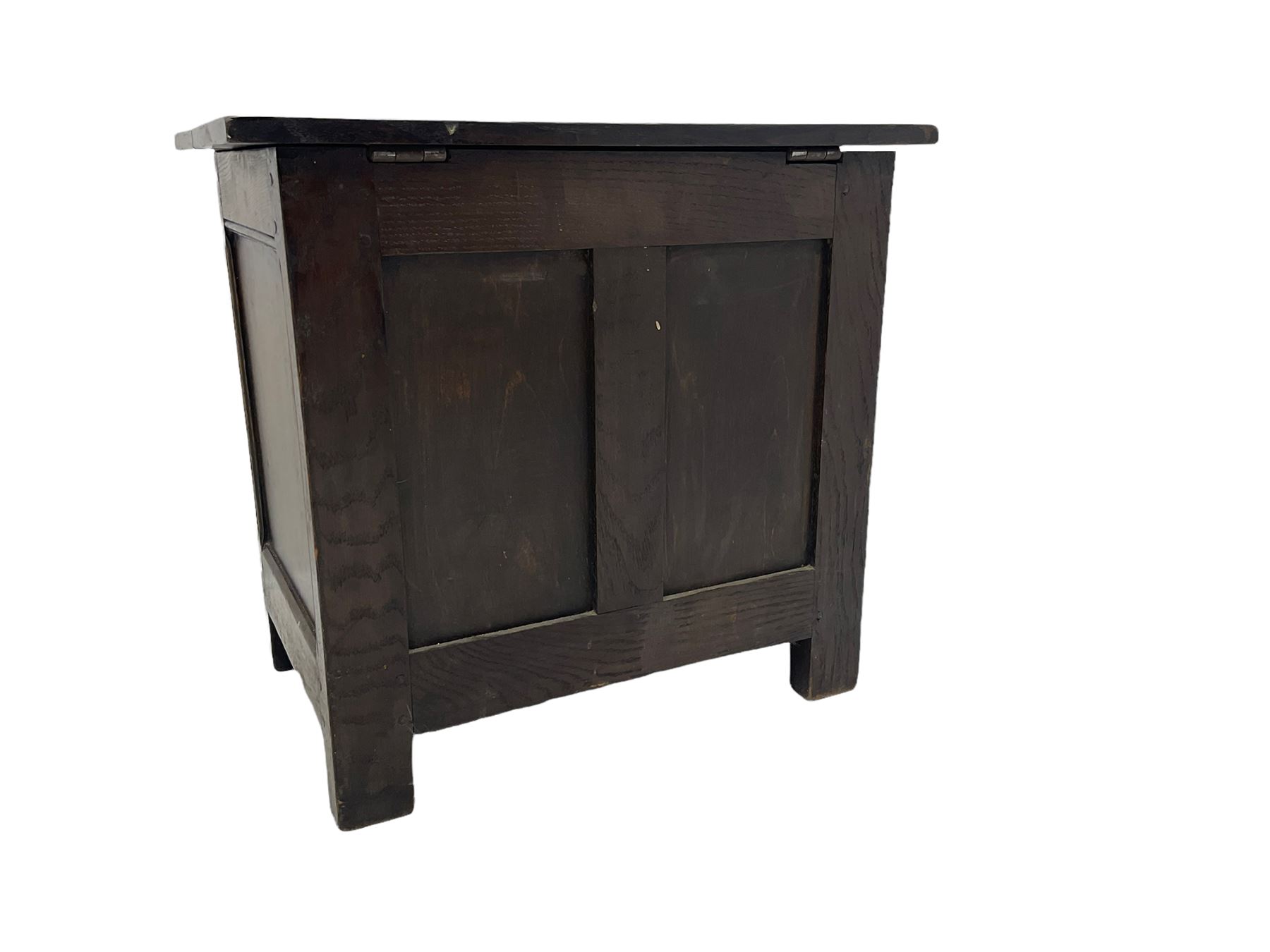 Tudor style oak coal type box with hinged top, with tin liner; and a coopered bucket (2)