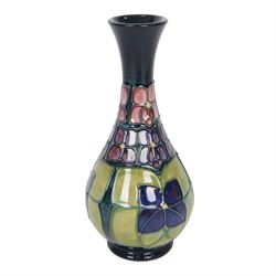 Two Moorcroft vases, in violets pattern, with original boxes, bud vase H17cm