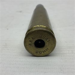 WWI trench art 13-pound anti-aircraft brass shell case engraved Alexandra Princess of Wales, Yorkshire Regiment, bears marks for Royal Ordnance Factory Woolwich 1917 H29cm; WWI British shell fuse dated June 1916; and WWII 20mm brass cannon shell dated 1941 (3)