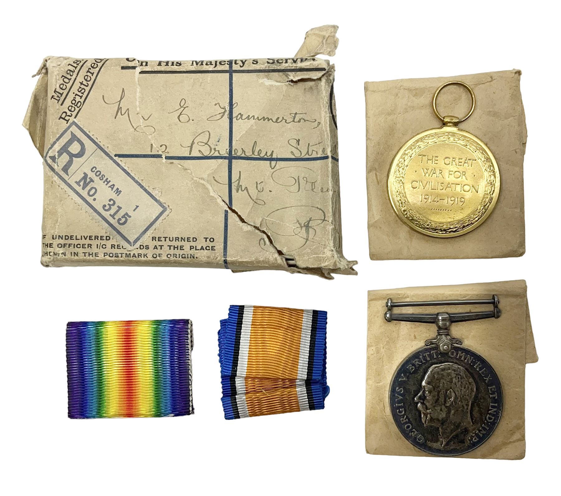 WW1 pair of medals comprising British War Medal and Victory Medal awarded to 038821 Pte.E.Hammerton A.O.C