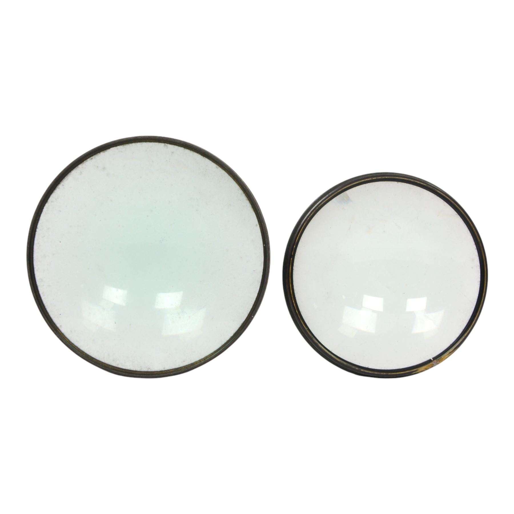 Two large brass cased condenser lenses, largest D21cm