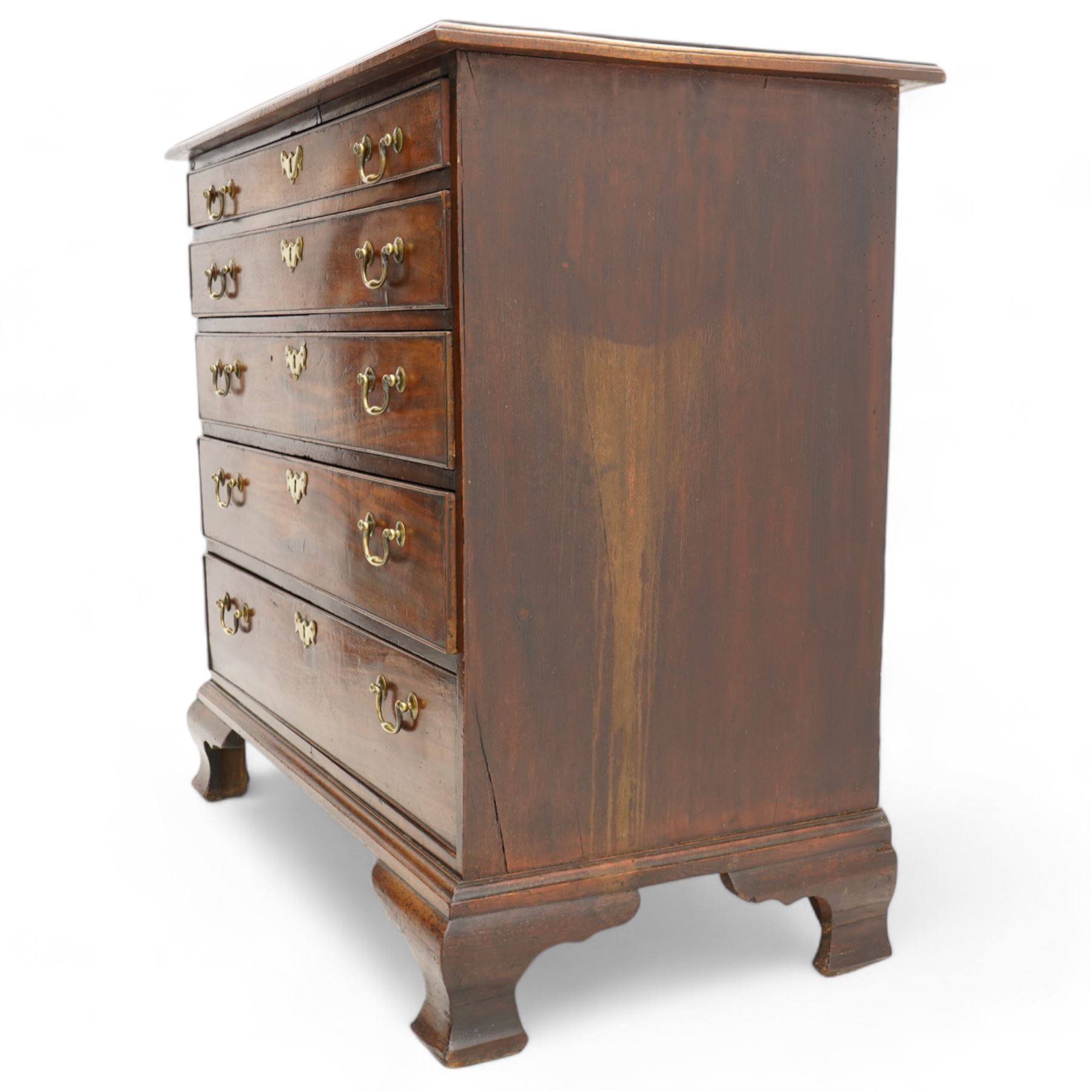 George III mahogany chest, moulded rectangular top over five long cock-beaded drawers, each fitted with brass swan neck handles and circular plates, with shaped brass escutcheons, lower moulding over ogee bracket feet 