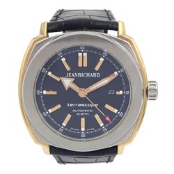 JeanRichard Terrascope pink gold and stainless steel automatic wristwatch, Ref. 60500, No. 0033, on black leather strap with stainless steel fold-over clasp, boxed with purchase certificate dated 2019