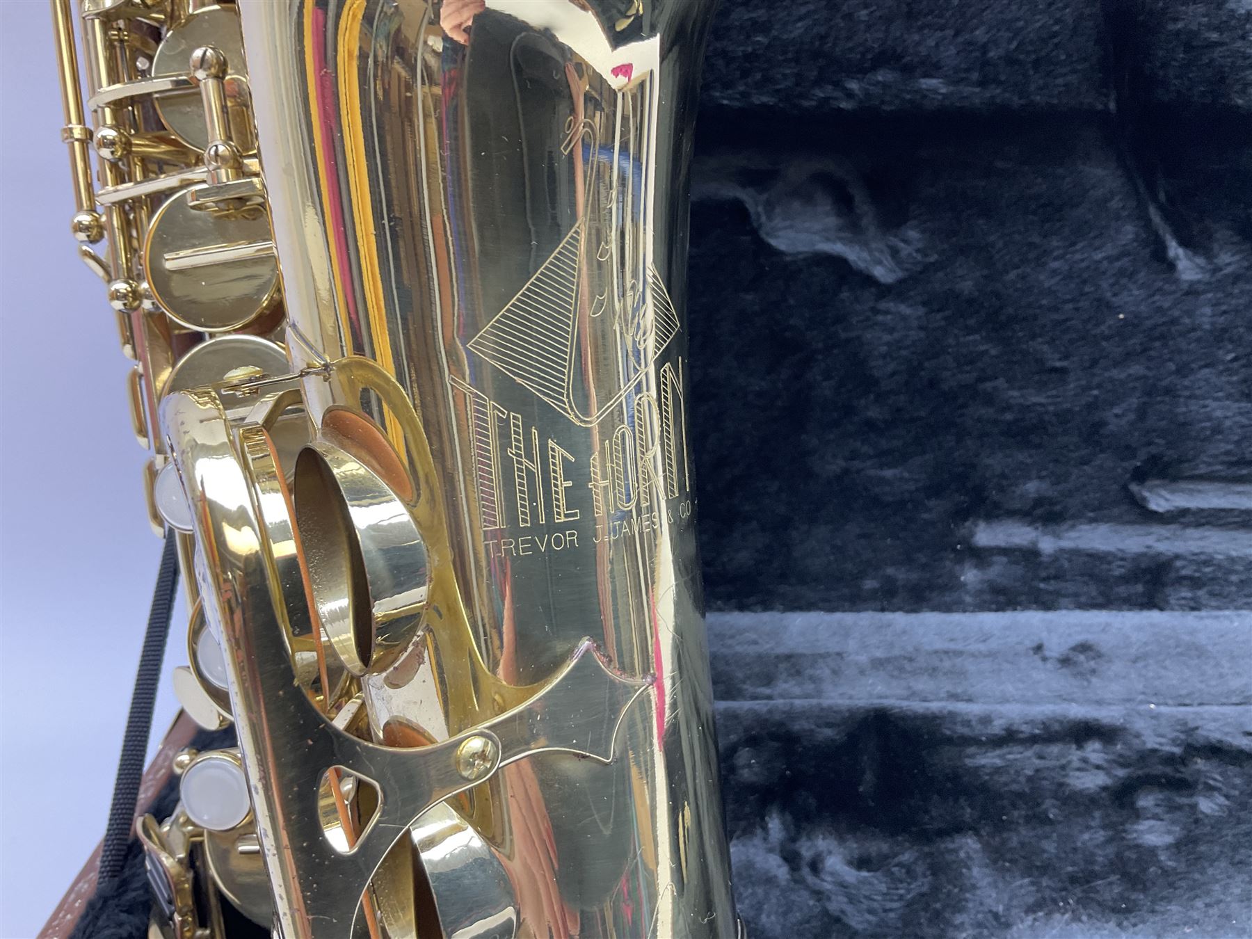 Trevor J. James & Co. 'The Horn' brass alto saxophone, serial no.T04498, H68cm in fitted carrying case