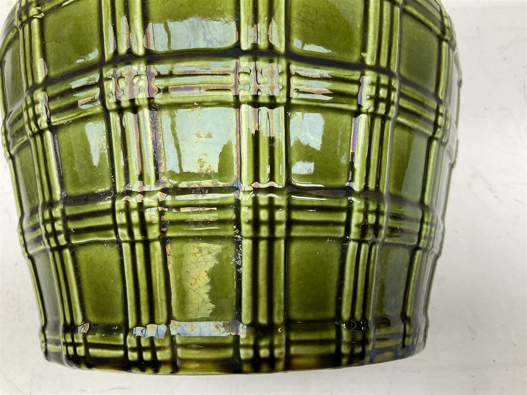 Three jardinières comprising West German Gerz example decorated in relief, Doulton Slaters example with frilled everted rim and a majolica example, and a further two Arthur Wood majolica jugs (5)