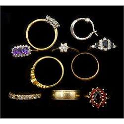 Gold amethyst and diamond ring, gold wedding band and three other gold stone set rings, all 9ct stamped or hallmarked, four other dress rings and a single earring