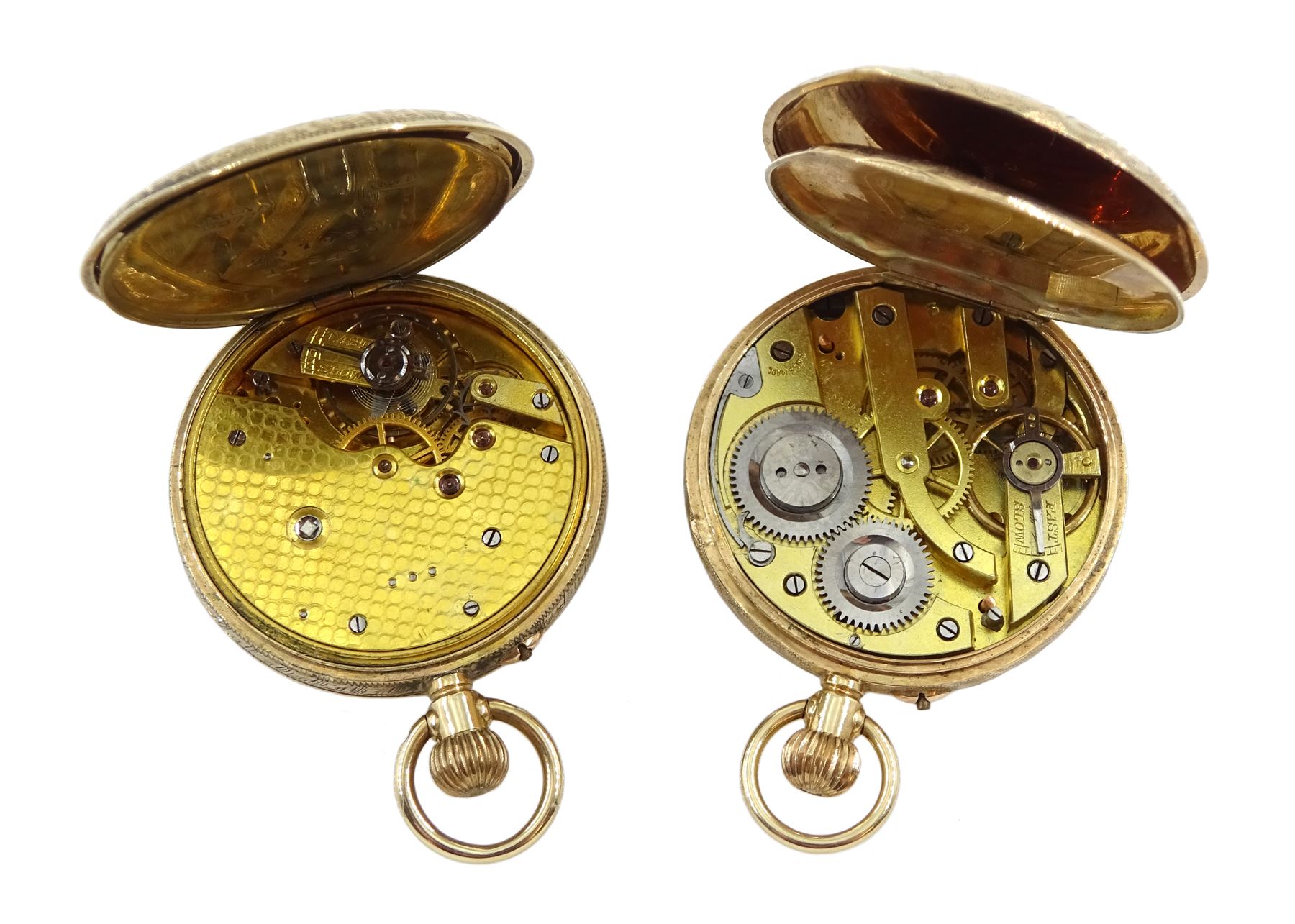 9ct gold open face ladies keyless lever fob watch, London import marks 1912 and one other 9ct rose gold open face ladies keyless pocket watches, Glasgow import marks 1913?, both with gilt dials and Roman numerals   
