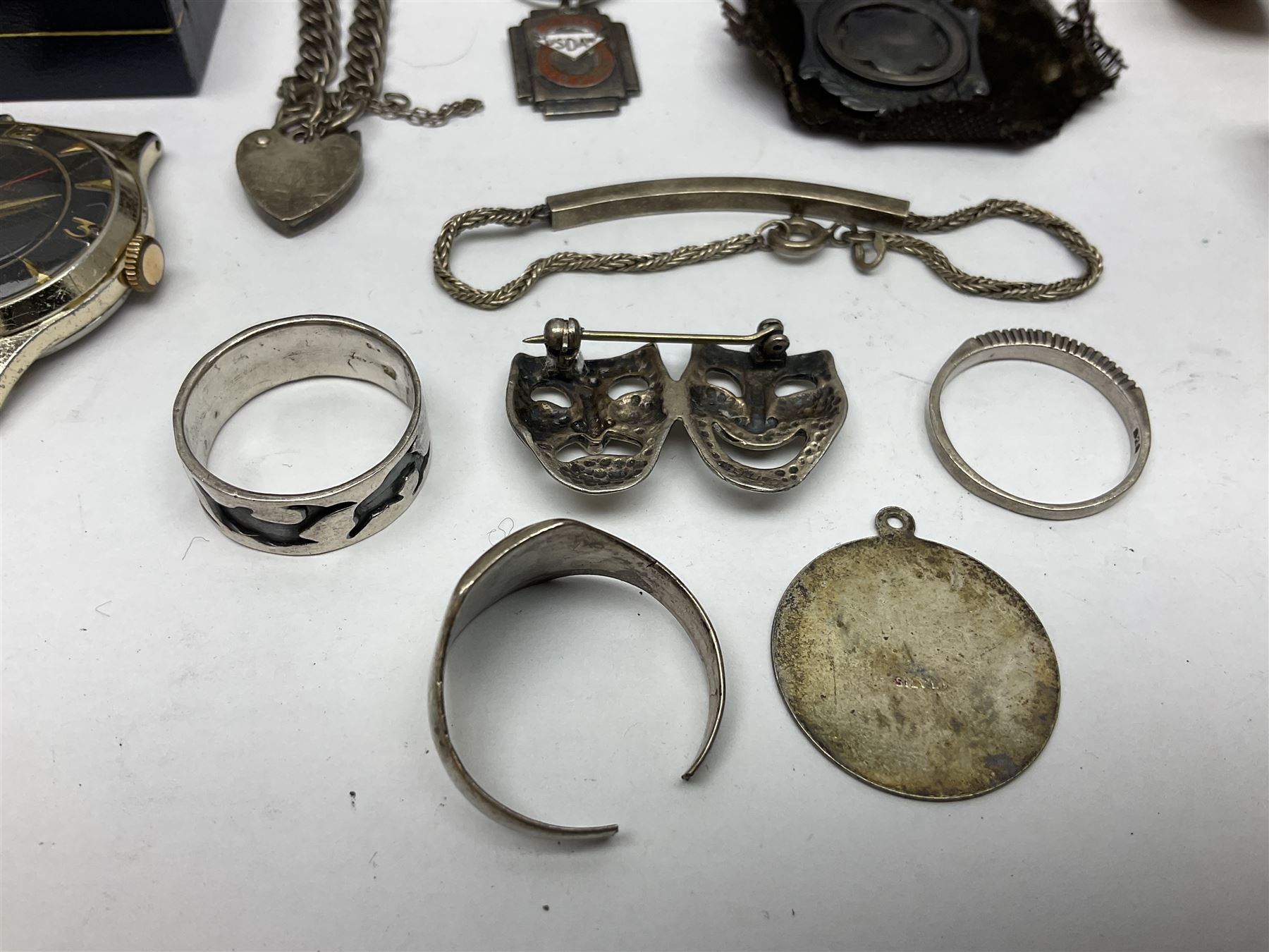 Four wristwatches including Seiko automatic, Sekonda, Timex and Ingersoll, silver Acme Lever pocket watch by H Samuel, 9ct gold keepers ring, silver and 9ct gold paste stone set cluster ring, silver and stone set silver jewellery and other vintage jewellery
