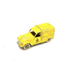 Dinky - four unboxed and playworn die-cast commercial vehicles comprising early Type 2 Petrol Tank Wagon 'Shell-BP' No.25d with white tyres; pre-war Streamlined Fire Engine No.25h with white tyres; and two French made - Citroen 2CV Van 'Wegenwacht' and Citroen 1200K Van No.25c (4)