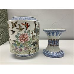 20th century Chinese lantern on stand, decorated with birds amongst flowering foliage and branches, H30cm, with box 