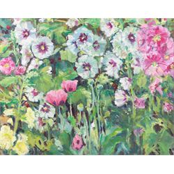 Catherine Tyler (British 1949-): 'Hollyhocks', oil on board signed and dated '94, titled on Chelsea Art Society exhibition label 60cm x 75cm