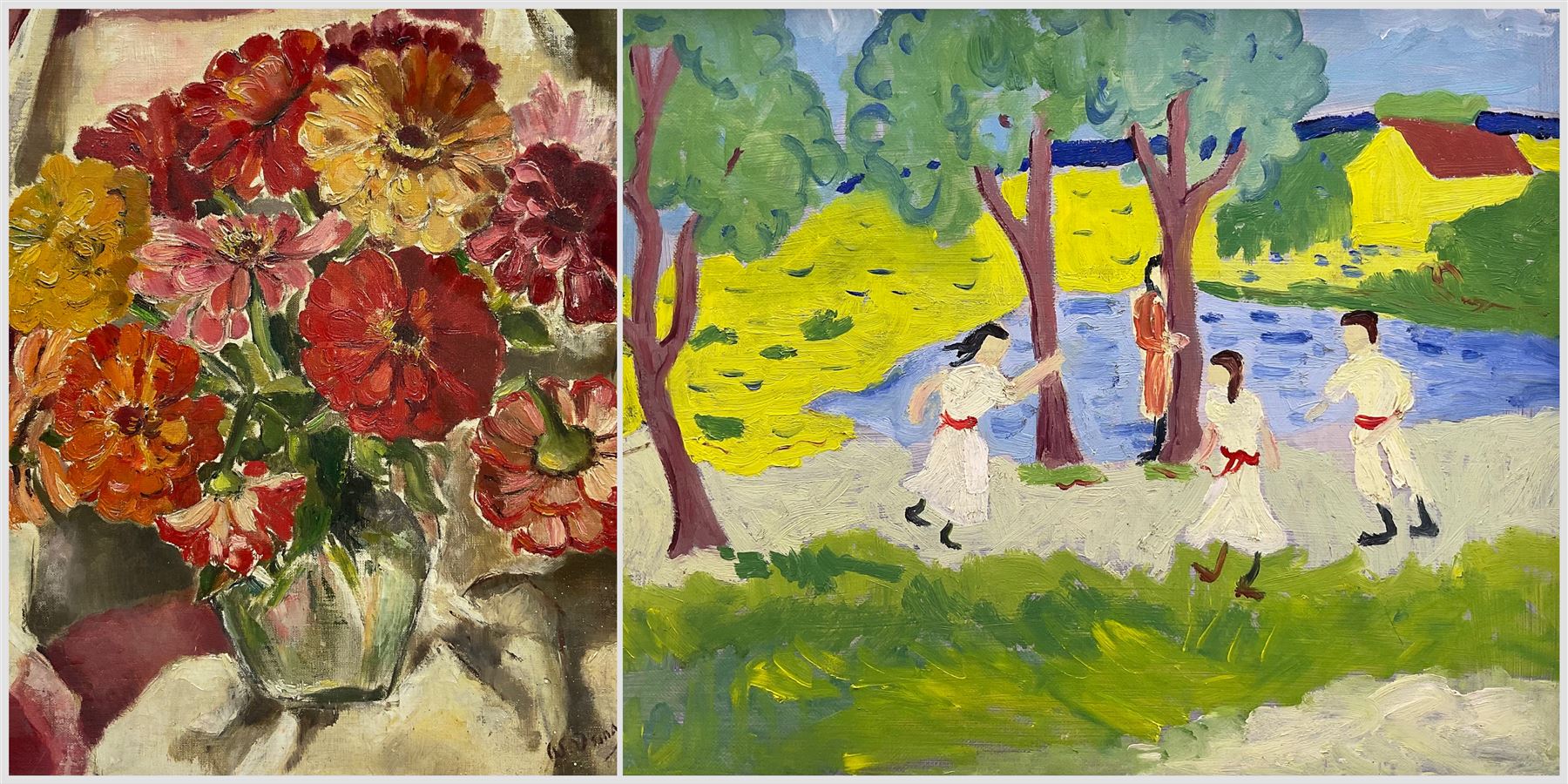 After August Macke (German 1887-1914): Children Dancing Under a Tree, oil on canvas unsigned 29cm x 37cm; English School (20th Century): Flowers in a Vase, oil on canvas board indistinctly signed 44cm x 37cm (one unframed)
