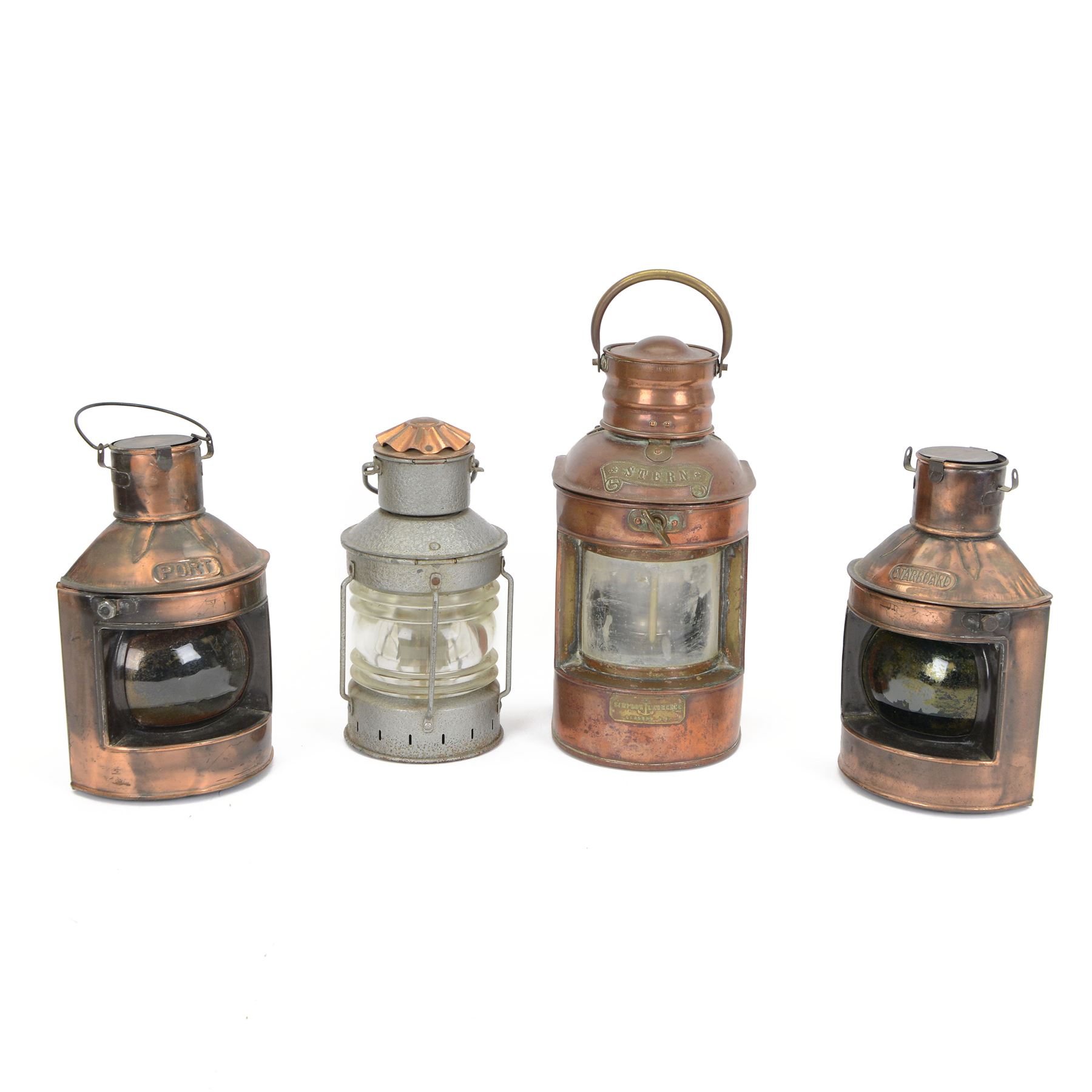 Pair of 20th Century Port and Starboard copper ship lanterns, together with Simpson Lawrence copper ships lamp with brass plaque and Ankerlight lantern