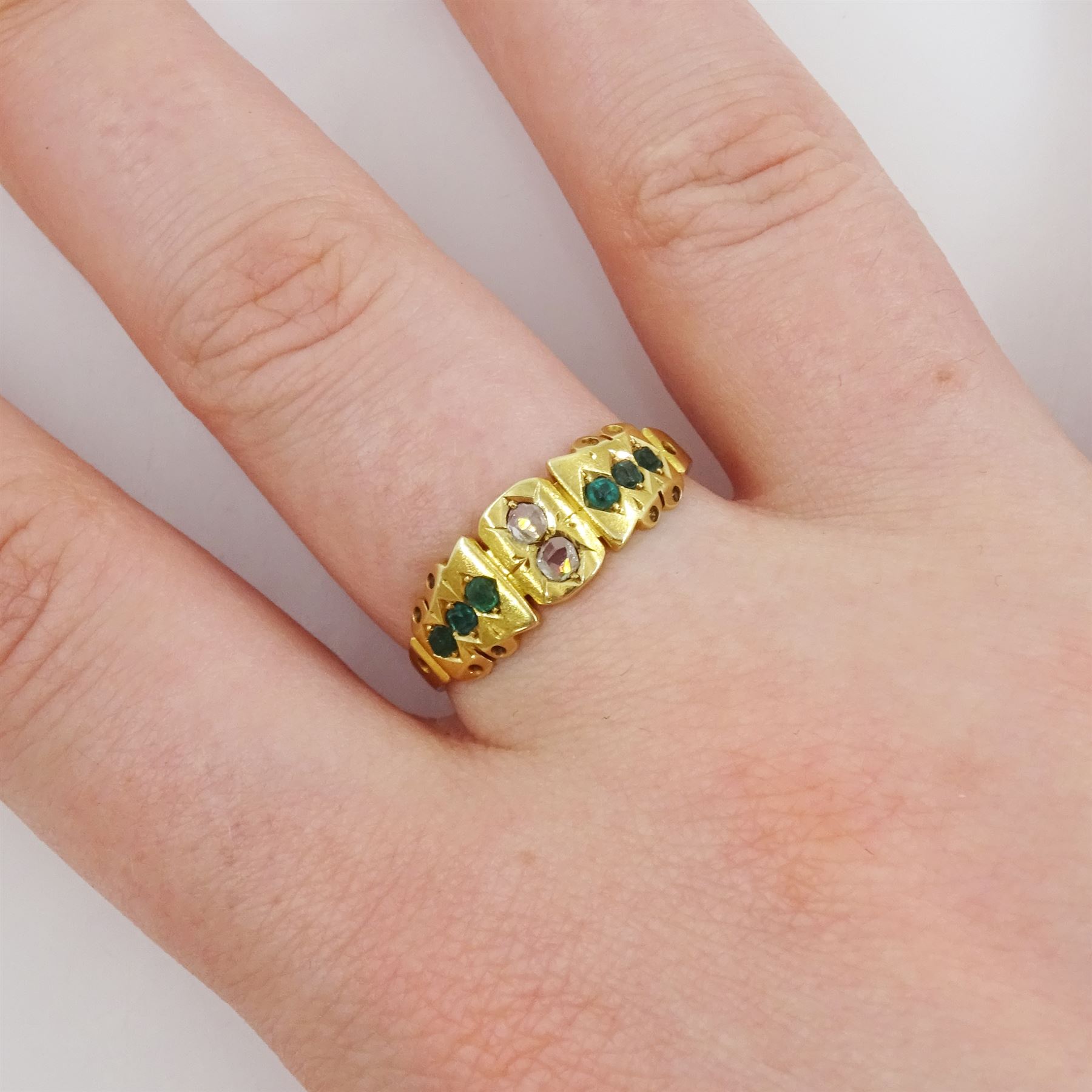 Victorian 15ct gold two stone diamond and six stone green paste stone set ring, Birmingham 1883