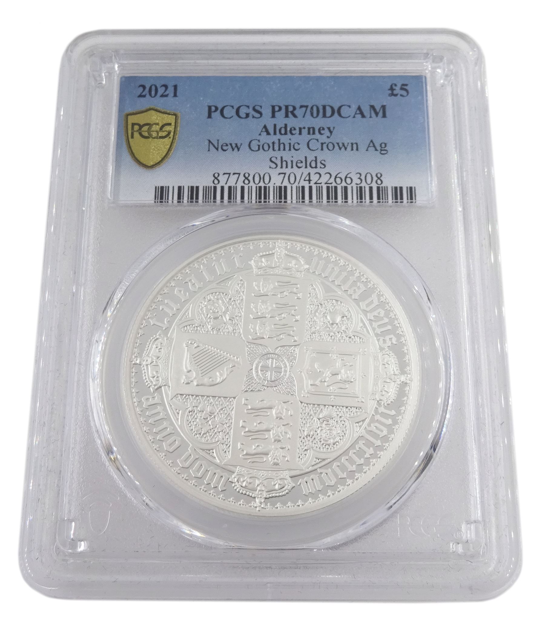 Queen Elizabeth II Alderney 2021 silver proof 'New Gothic Crown' five pound coin, in PCGS capsule