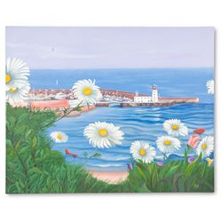 Peter J Bailey (British 1951-): 'Land Meets Sea' - Scarborough Harbour viewed through Daisies, oil on canvas signed with initials, titled verso 81cm x 102cm (unframed)