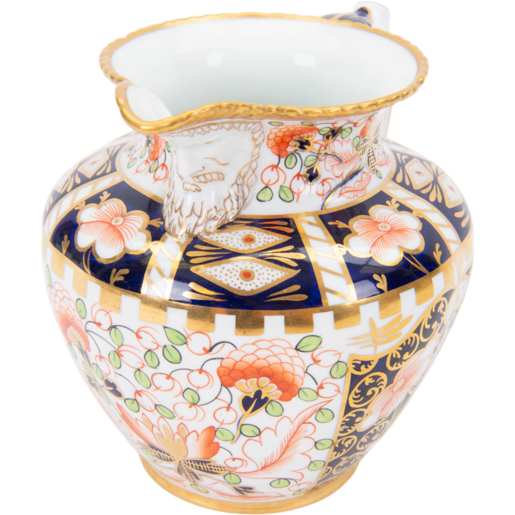 Royal Crown Derby Witches pattern jug, circa 1920s, with mask lip and gold rim, H15cm
