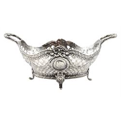 19th century pseudo Hanau silver, George II style twin handled basket with embossed busts, draped ribbon and pierced lattice work decoration, imported by William Moering, London 1897, approx 14.5oz