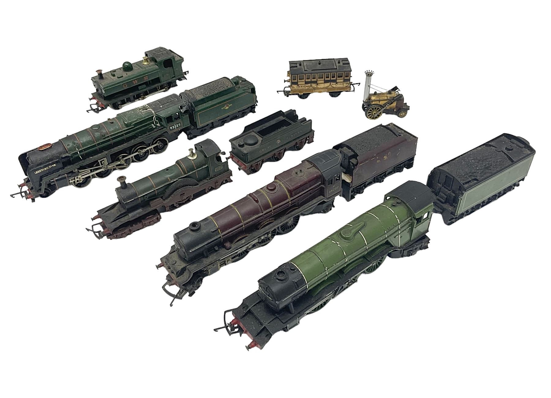 Hornby/Tri-ang '00' gauge - six locomotives - Class 9F 2-10-0 'Evening Star' No.92220; Class A3 4-6-2 (no name or number); Dean Single 4-2-2 'Lord of the Isles' No.3046; Princess Class 4-6-2 'The Princess Royal' No.46200; Class 57XX Pannier 0-6-0 tank No.8751; and Stephenson's Rocket with one passenger coach; all unboxed (6)