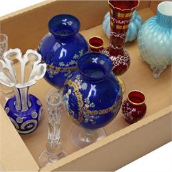 Three Victorian satin glass vases, and various other coloured glass examples