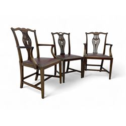 Set of six (4+2) 19th century Chippendale-design mahogany dining chairs, shaped cresting rail over pierced bulbous vase-shaped splat, burgundy leather upholstered seats with brass stud trim, on square tapering supports united by H-stretchers