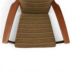 Parker Knoll - 'PK 988' open armchair, with teak frame, upholstered in a striped fabric, raised on tapering supports, the loose seat cushion supported on elasticated webbing 
