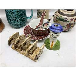 Studio pottery toast rack modelled with sheep, Babbacombe pottery study of a recumbent cat, Japanese vase decorated with warriors, cloisonné, studio pottery vase, German lidded stein etc