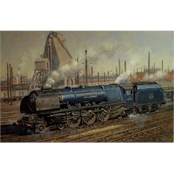 Robert Nixon (British 1955-): Duchess Class Steam Locomotive 'City of Edinburgh' in BR blue livery at Willsden, oil on canvas signed and dated '15, 50cm x 75cm (unframed)