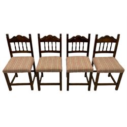Set eight oak dining chairs, seats upholstered in striped fabric
