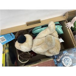Wallace and Gromit and Shaun the Sheep collectables, including alarm clocks, plates, cafetiere, soft toys, etc, in two boxes