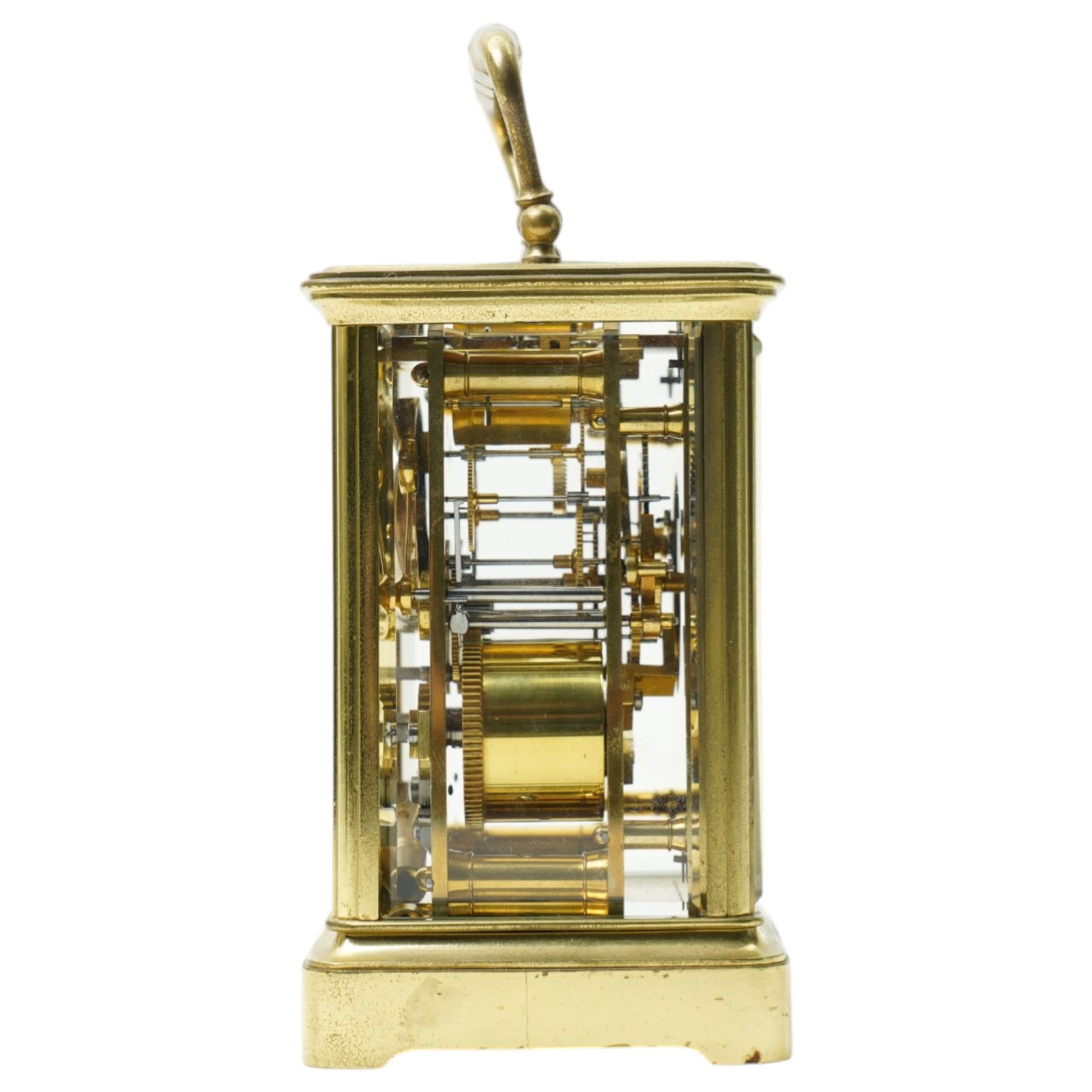 Early 20th century carriage clock, the white enamel dial inscribed F G Russell, Malvern with bell strike in brass and bevelled glass case H12cm
