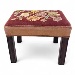 Mid 19th-century stool, square seat upholstered in a red floral needlework, raised on chamfered mahogany legs 