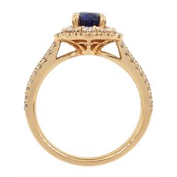 18ct rose gold oval cut sapphire and round brilliant cut diamond cluster ring, with diamond set shoulders, hallmarked
