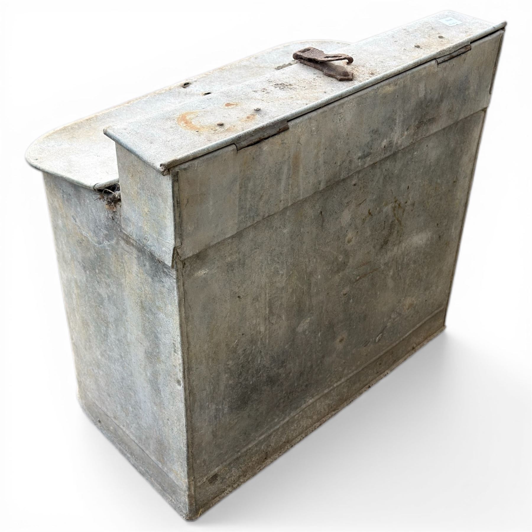 Galvanised metal animal feed bin