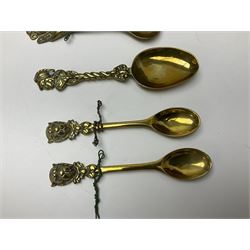 George III oak spoon rack and candle box, the rectangular backplate with shaped  pediment and two six aperture spoon racks, above a candlebox with hinged cover, with various brass spoons and a pair of brass candle snuffers, H56.5cm, W35cm, D14cm 