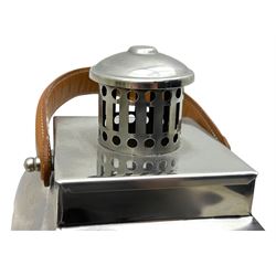 Contemporary painted wooden wine cabinet, rectangular form with carved leaf moulded cornice over single drawer and fifteen bottle compartments, flanked by spiral twist pilasters; together with a cream painted and chrome lantern, with glazed sides and leather handle (2)