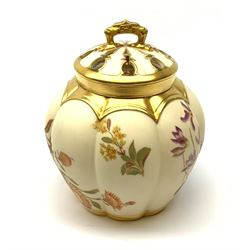Royal Worcester blush ivory potpourri jar and cover, with inner cover, of lobed ovoid form decorated with flowers and heightened with gilt, with puce printed mark beneath, Rd no 112588, 1313, H20cm