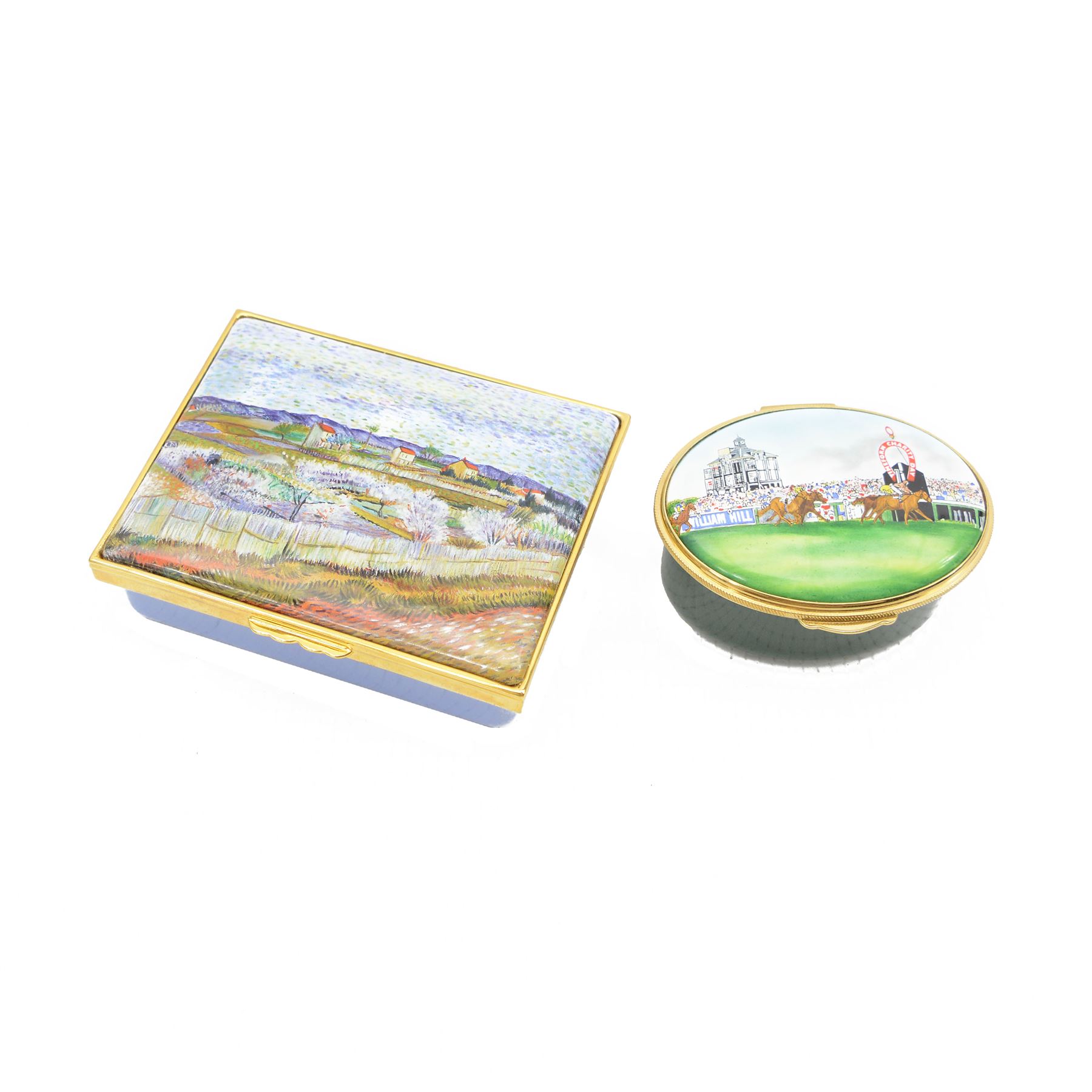 Halcyon Days rectangular box decorated with 'Peach Trees in Colour' after Van Gogh, the interior decorated with Guy Reed's racing colours 8.5cm x 6.5cm and an oval enamel box by Toye, Kenning & Spencer with a racing finish on York racecourse, interior inscribed 'Celebrating 25 years Timeform Charity Day' (2)