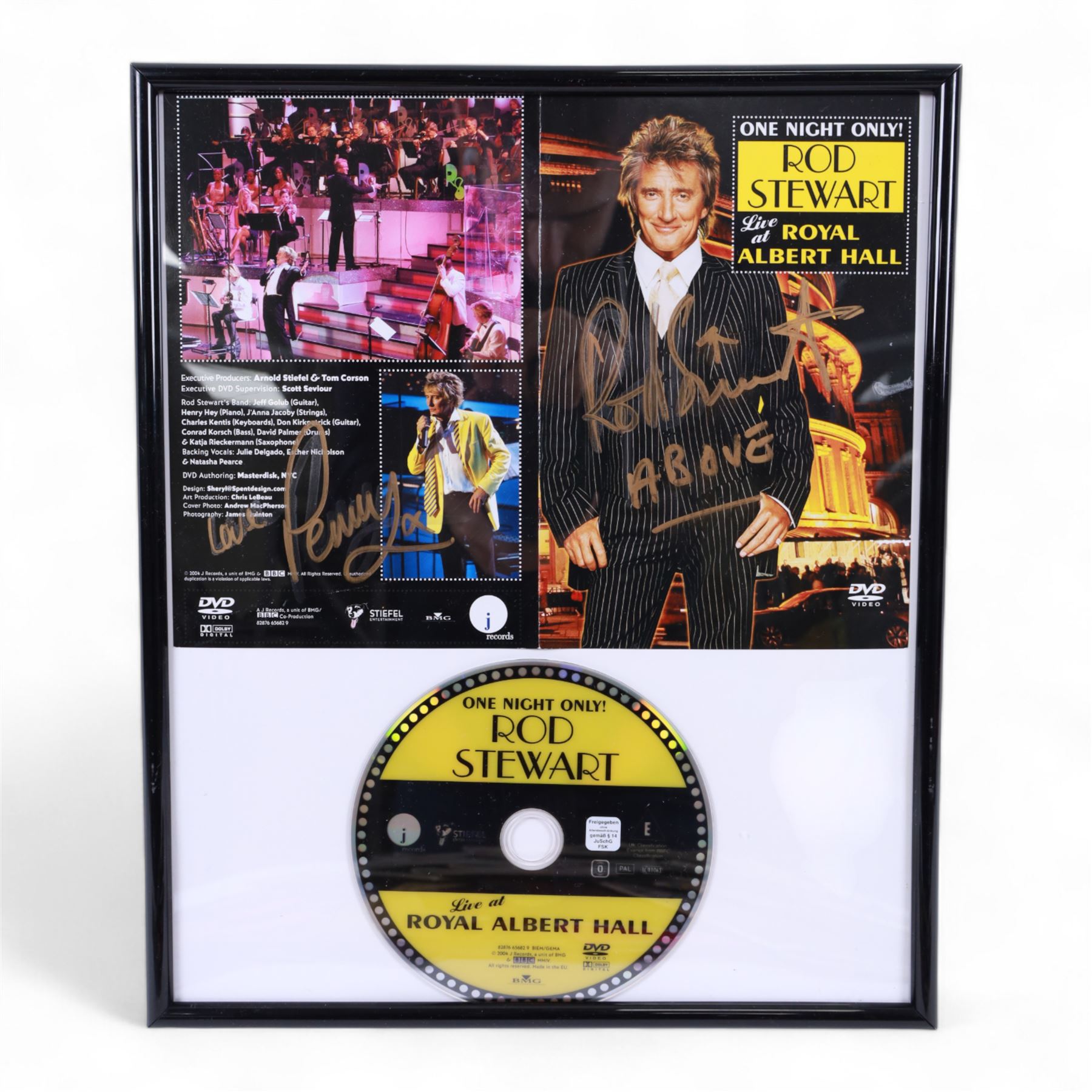 Rod Stewart memorabilia, including DVD sleeve 'Rod Stewart Live at Royal Albert Hall' signed by both Rod Stewart and Penny Lancaster, framed, tour programmes including 2019 world tour and a collection of Fan Club magazines