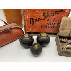 Vintage B.Shaw & Sons wooden bottle create, complete with six bottles, Fortnum and Mason wine box, Pemuvar No44 combination plane in box and six lawn bowls balls 