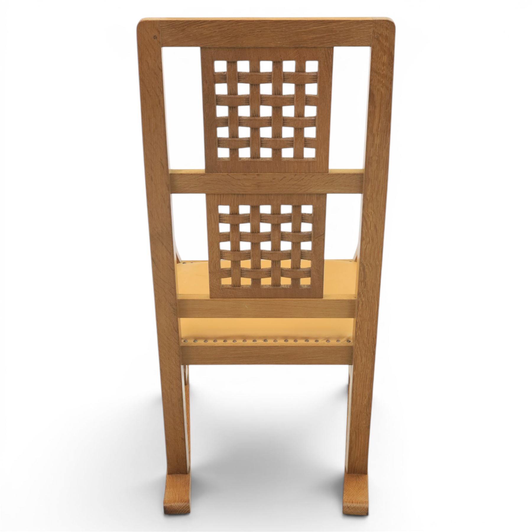 Mouseman - oak rocking chair, high lattice back, carved Mouse signature, by Robert Thompson's of Kilburn