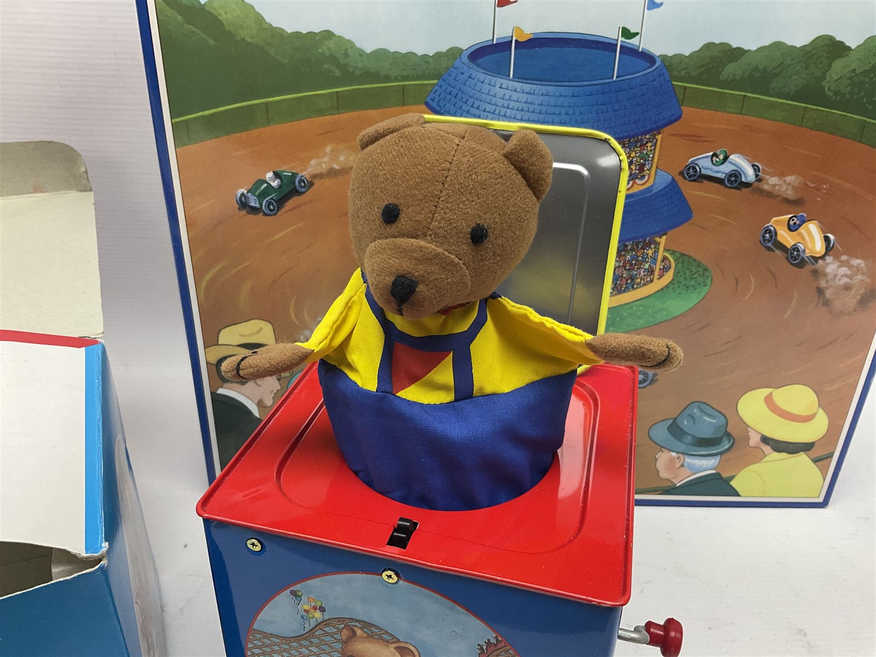 Schylling - six tinplate models comprising Sir Ian’s Bluebird racing car, Speedway Auto Racer, two Aluminium Airships, Tin Speedboat and Ernest in the Music Box; all in original boxes 