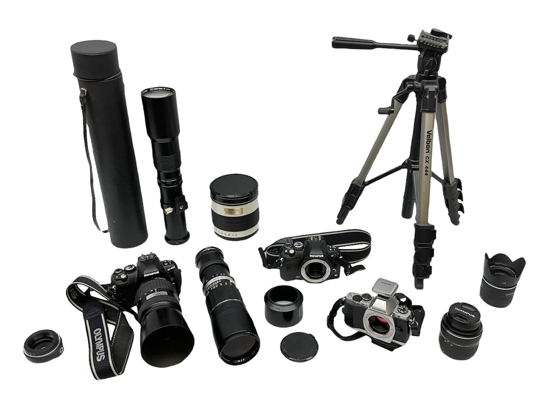 Three Olympus Camera bodies, comprising of OM-D E-M5, E-400 and E-450,   together with 'Samyang Mirror Lens 800mm 1:8.0DX', Olympus 'Zuiko Digital 40-150mm 1;3.5-4.5mm' lens, three other lenses and Velbon CX444 tripod 
