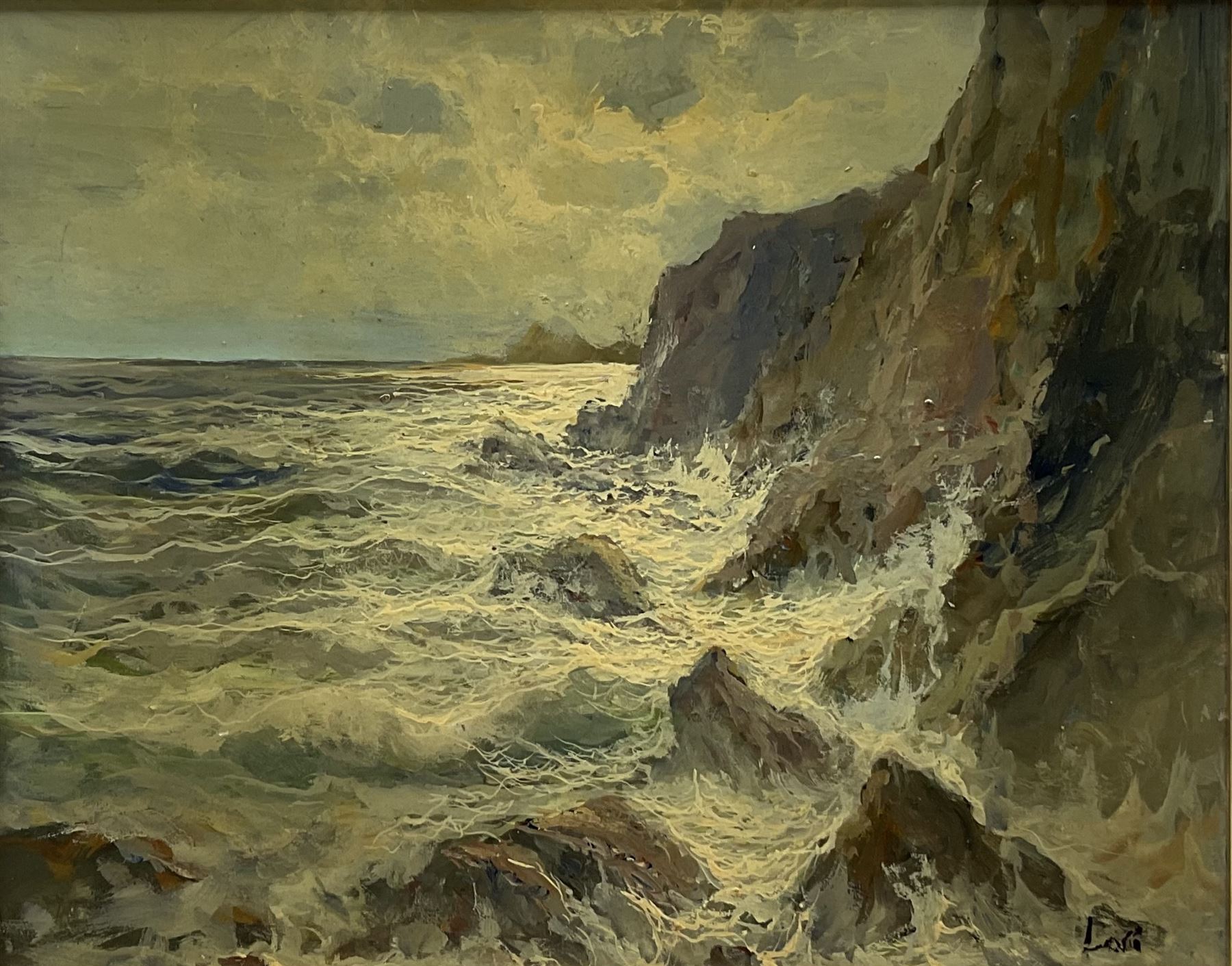 Lori (Italian 20th century): 'Mareggiata' on a Rocky Coastline, oil on board signed, titled on exhibition label verso 23cm x 29cm