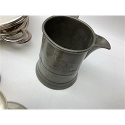 Collection of pewter to include, quart jug, one pint jug measure, teapot etc and other metalware including two Walker & Hall serving dishes