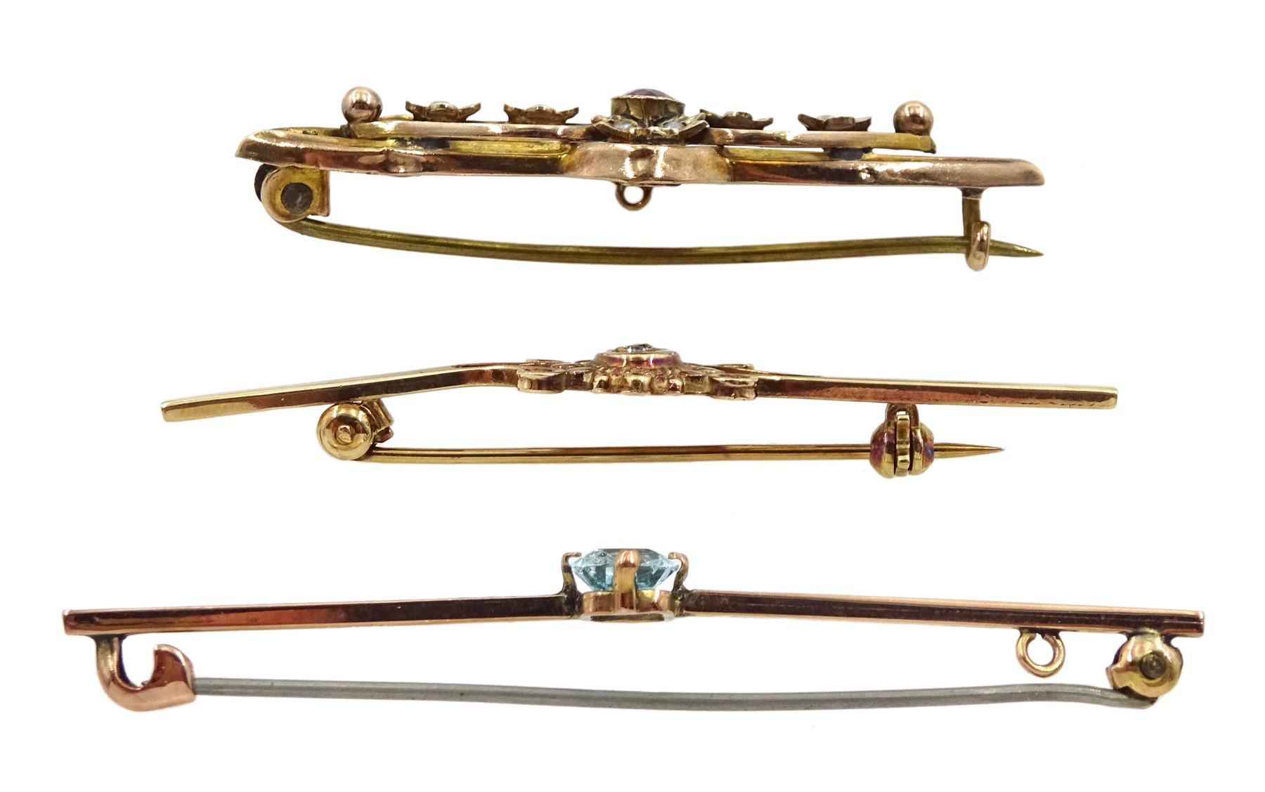 Edwardian gold garnet and seed pearl bar brooch, diamond bar brooch and one other, all 9ct stamped or tested (3)